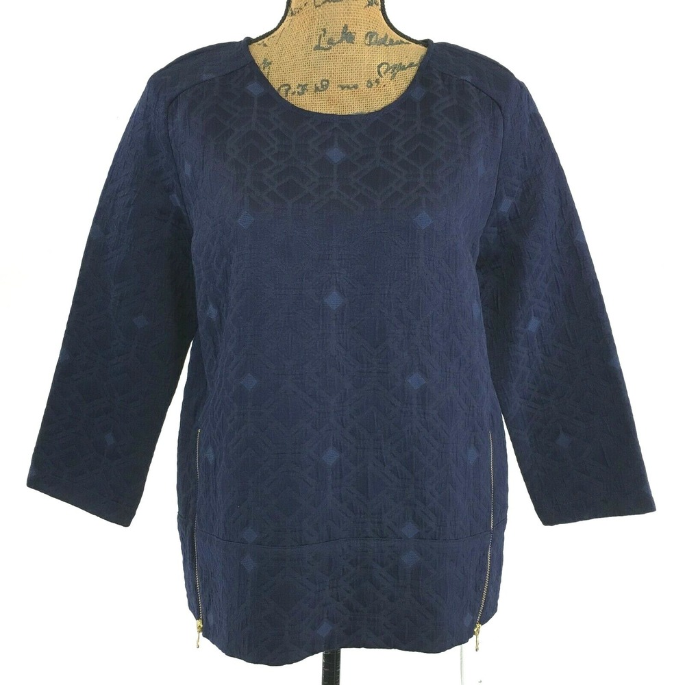 J.Crew Top 6 Navy Blue Texture Diamond Gold Zipper Side Keyhole Button Tunic